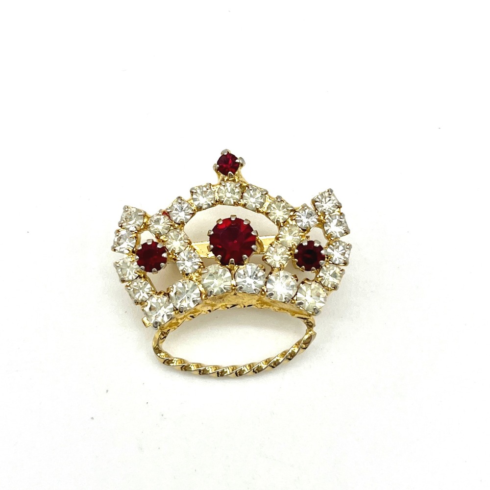 Crown Brooch Pin Rhinestone Red White Gold Tone Vintage Jewelry
